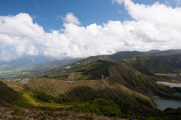 Great view of lake in the mountain. Dramatic and picturesque scene. Ponta Delgada. Sao Miguel. Azores island