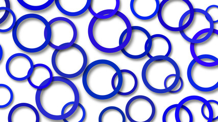 Abstract illustration of randomly arranged blue rings with soft shadows on white background