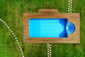 Landscape design with pool and green grass lawn, aerial, top view - obrazy, fototapety, plakaty