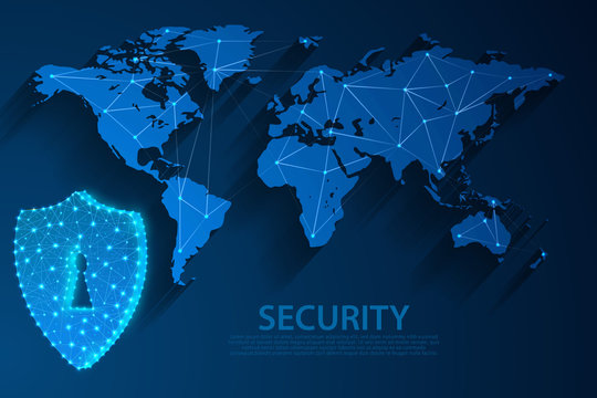 Security icon and network technology blue background with world map, vector