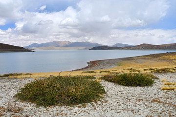 Great lakes of Tibet. Lake Rakshas Tal (Langa-TSO) in summer in cloudy day