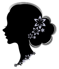 Silhouette profile of a cute lady's head. The girl has long beautiful hair, decorated with flowers. Suitable for logo, advertising. Vector illustration.