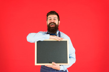 supermarket sales. menu board. happy man chef with blank blackboard, copy space. great cuisine. cooking by recipe. welcome. Restaurant or cafe advertising. bearded hipster cook in apron. supermarket