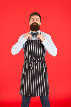 His Style Works Really Well To Compliment Beard. Bearded Man Fixing Bow Tie In Bib Apron. Elegant Hipster With Bearded Face. Bearded Bartender Or Cook In Work Uniform. Long Bearded Waiter Or Servant