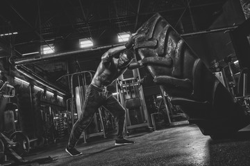 Muscular man working out in gym flipping tire, strong male naked torso abs
