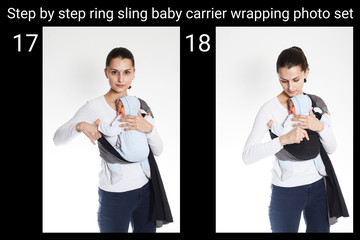 Babywearing instructor with a newborn baby wraped in a ring sling 17,18