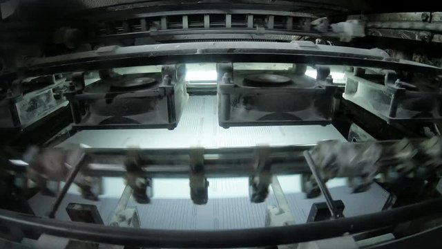 Offset sheetfed printing press production line with machine parts moving rhythmically