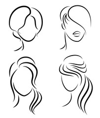 Silhouette of the head of a cute lady. The girl shows her hairstyle for medium and short hair. Suitable for logo, advertising. Vector illustration