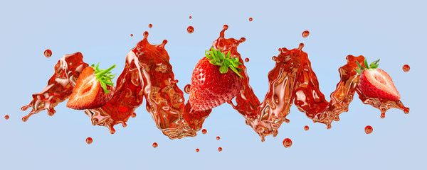 Sweet fresh strawberry juice splash swirl with strawberries. Red berries juice splashing - strawberries juice in spiral form isolated. Liquid design element. 3D render