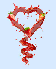 Sweet fresh strawberry juice splash swirl with strawberries. Red berries juice splashing - strawberries juice in spiral heart form isolated. Valentine heart. 3D render