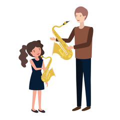 man with daughter and saxophone character