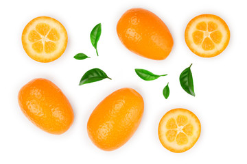 Cumquat or kumquat with half isolated on white background. Top view. Flat lay