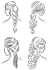 Collection. Silhouette of the head of a cute lady. The girl shows her hairstyle on long and medium hair. Suitable for logo, advertising. Set of vector illustrations