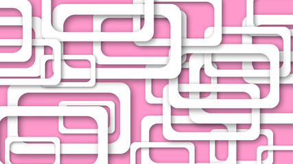 Abstract illustration of randomly arranged white rectangle frames with soft shadows on pink background