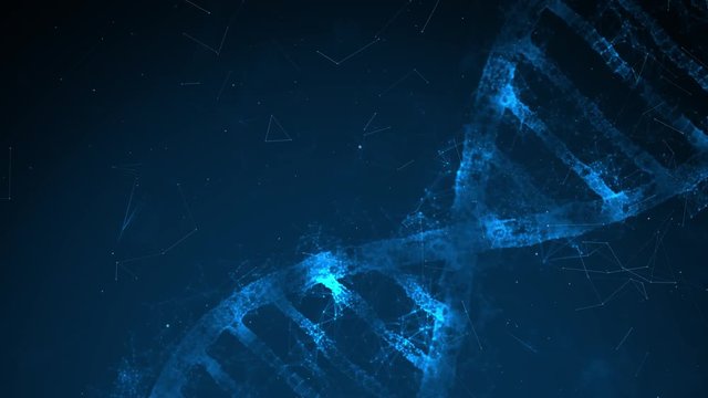Shiny dna double helix molecule on artistic blue colored cyberspace. 3d animation background. 