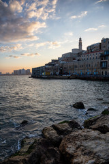 Beautiful view of a Port of Jaffa during a colorful sunrise. Taken in Tel Aviv-Yafo, Israel.