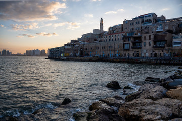 Beautiful view of a Port of Jaffa during a colorful sunrise. Taken in Tel Aviv-Yafo, Israel.