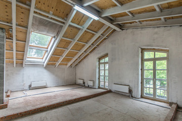 Indoor view of attic without finishing. Home construction