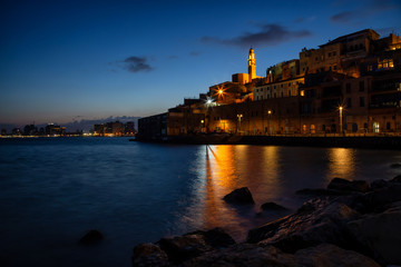 Beautiful view of a Port of Jaffa during a colorful sunrise. Taken in Tel Aviv-Yafo, Israel.