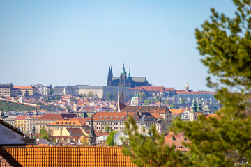 Obraz premium View of Prague Castle over red roof from Vysehrad area at sunset lights, Prague, Czech Republic