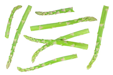 Fresh sprouts of asparagus isolated on white background. Top view. Flat lay