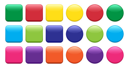 Colorful set of buttons, square and round shape. Vector illustration