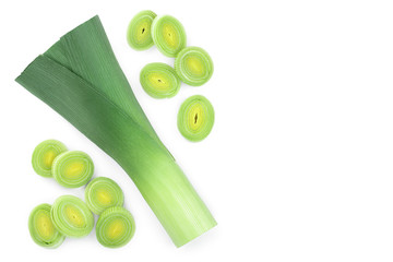 Leek vegetable closeup isolated on white background with copy space for your text. Top view. Flat lay