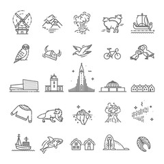 Iceland icons. Tourism and attractions, thin line design - obrazy, fototapety, plakaty