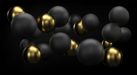 Golden and black abstract background with 3d spheres bubbles. Vector Christmas balls textured with gold. Jewelry cover concept. Horizontal banner. Decoration element for design.