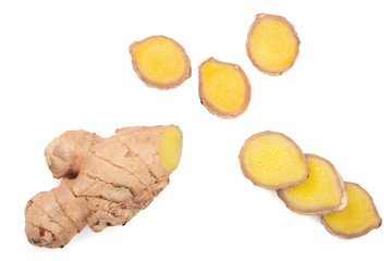 fresh Ginger root and slice isolated on white background. Top view. Flat lay