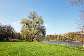 Spring landscape. View of the rock conveyor over the Aare river. Village of Villigen, Switzerland.
