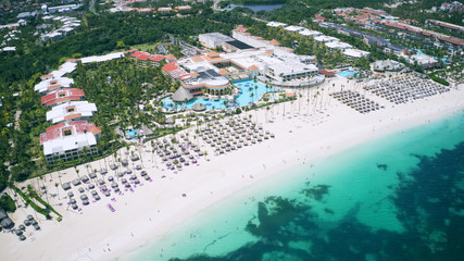 Fototapeta na wymiar aerial view of a wondertul exotic caribbean beach resort in Punta Cana, Dominican Republic
