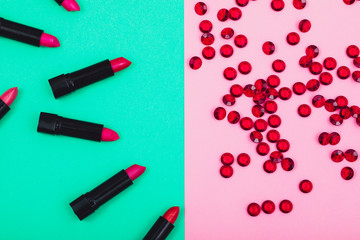 Beauty lipstick table. Lipstick. Background. Woman tools.  