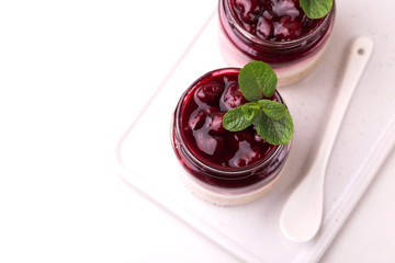 Cherry bisquit dessert with ricotta, mint. Yogurt cheesecake breakfast