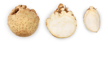 Fresh celery root isolated on white background. Top view. Flat lay.