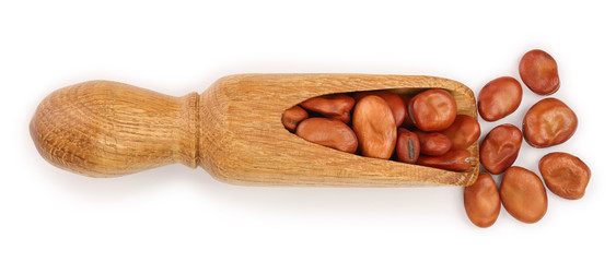 brown kidney bean in wooden scoop isolated on white background. Top view. Flat lay