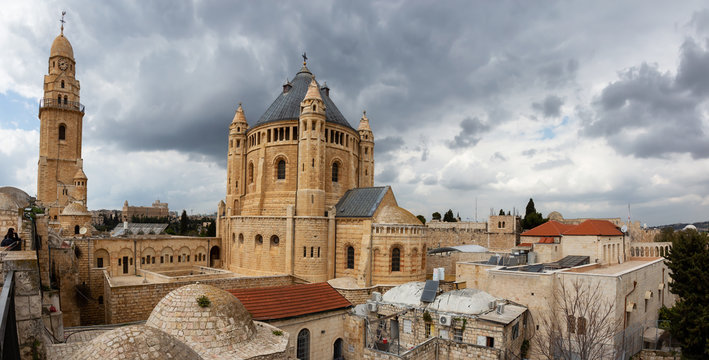 Panoramic View of King David's Tomb in the Old City during a cloudy day. Taken in Jerusalem, Israel.
