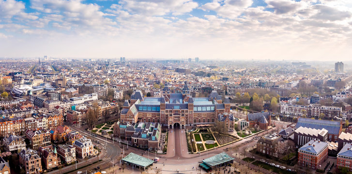 Aerial view of Rijksmuseum in Amsterdam in the morning, Netherlands