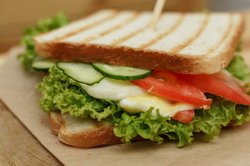 Closeup juicy sandwich with bacon, fresh vegetables, green salad and dark lines after grill
