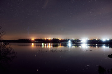The sky with star at the lake in the twilight after sunset.