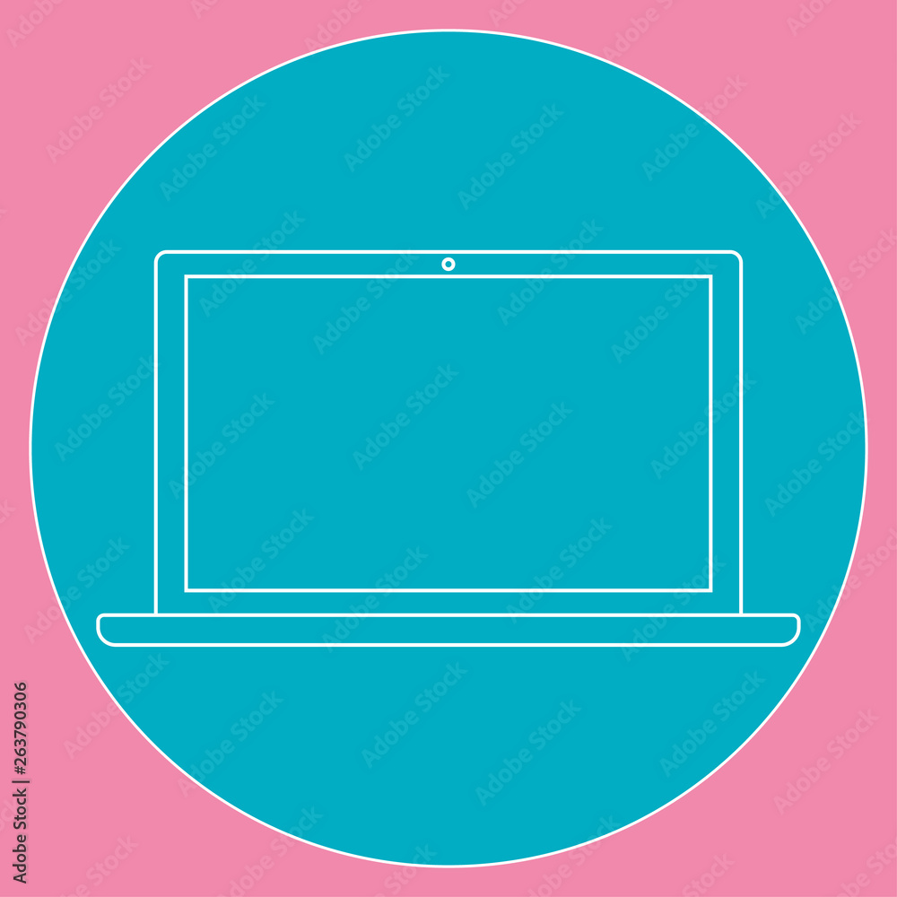Poster white outline notebook laptop computer in blue circle on pink background vector eps10. notebook lapt