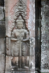 Fototapeta na wymiar bas-relief in Banteay Kdei temple (Siem Reap region, Cambodia)