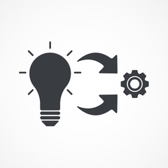Implementation Icon Vector. Lamp Cogwheel Circle Arrows Symbol. Process Progress Development Logo. Idea to Product Sign.