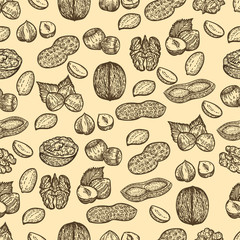 Seamless pattern of nuts.Hazelnuts, peanuts and walnuts in the engraving style.