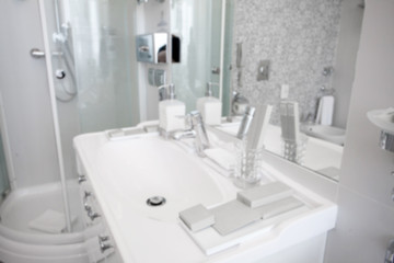 Luxury modern interior of stylish and elegant bathroom in hotel. Private apartment. Water relaxation treatments and spa at home. Minimalistic design in light shades