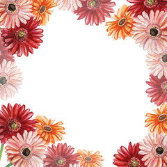 Obraz premium Frame with pink, red and orange gerberas. Watercolor illustration.