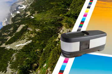 Offset print sheet color bar measurement. Spectrophotometer is electronic instrument for measuring...