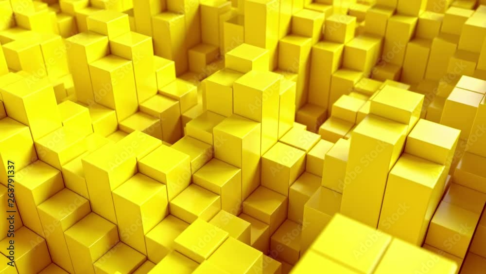Poster abstract background with yellow moving cubes. geometric composition with random boxes or columns. mo