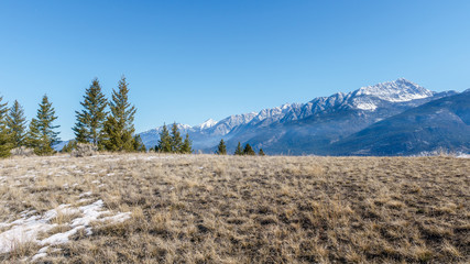 view of beautiful winter field with mountains on background landscape.