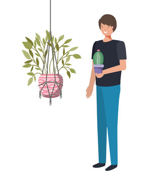 man with cactus in macrame hangers